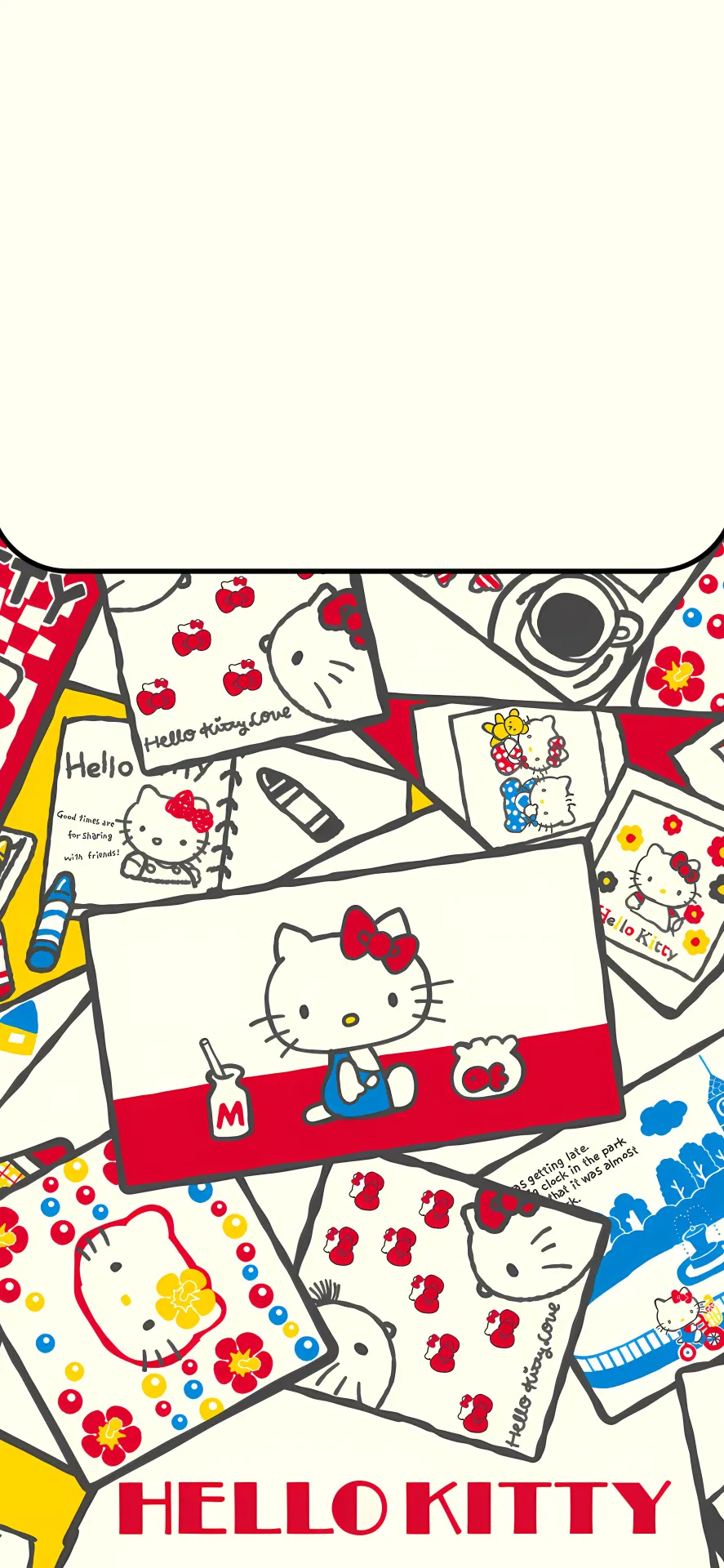 Hello Kitty Retro Polaroid Collage Red and Blue Wallpaper