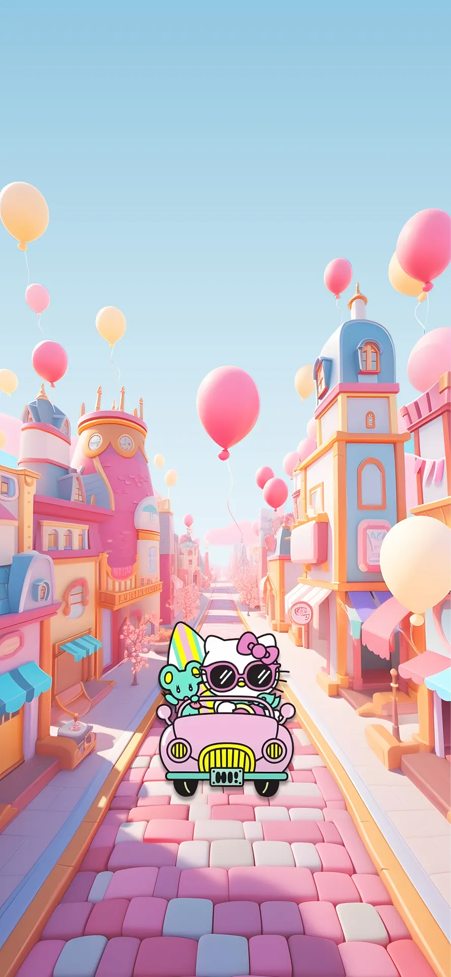 Hello Kitty Pink Car Adventure in Pastel Balloon City Wallpaper