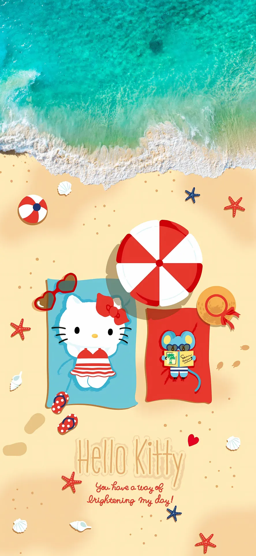 Hello Kitty Summer Beach Day Wallpaper with Tropical Ocean and Beach Umbrella