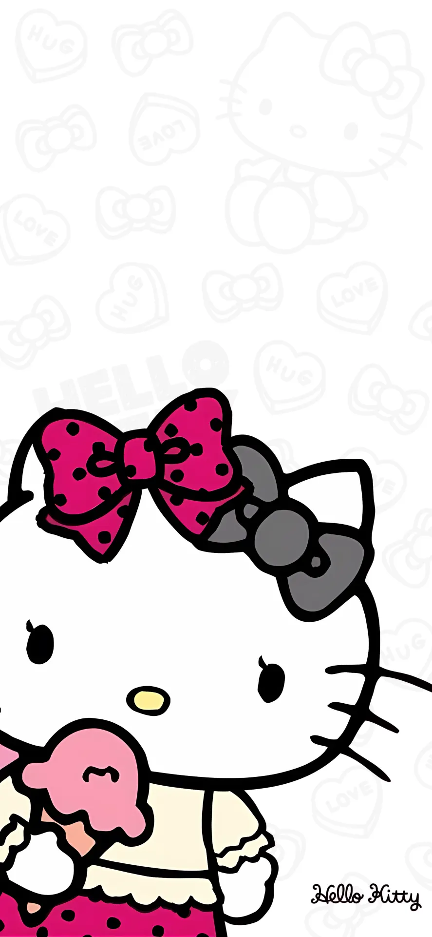 Hello Kitty Pink and Black Polka Dot Bow Wallpaper with Cute Strawberry Outfit
