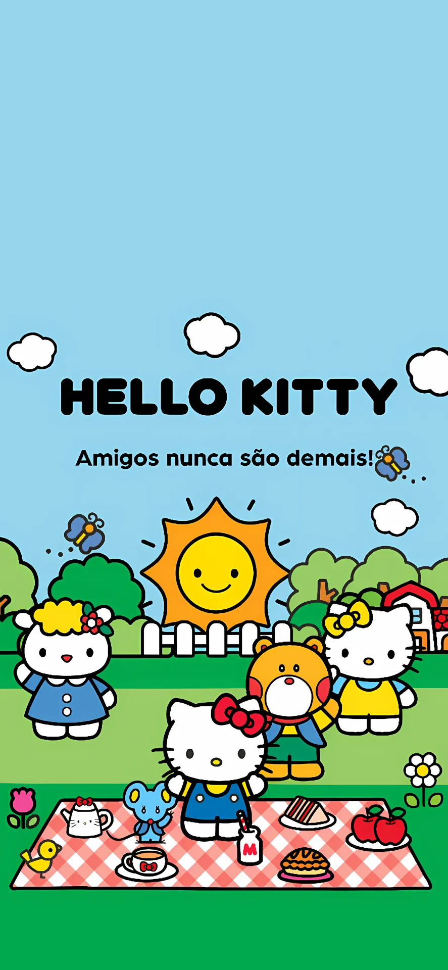 Hello Kitty Friends Picnic Wallpaper with Sunny Skies and Cute Characters