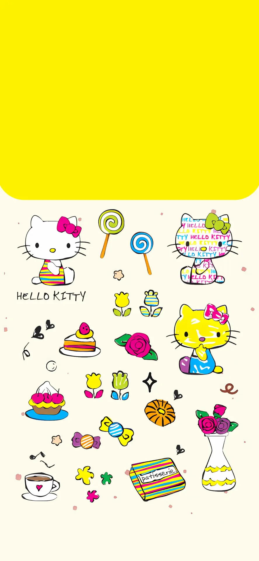 Colorful Hello Kitty Wallpaper with Lollipops, Flowers, Candy and Cute Treats