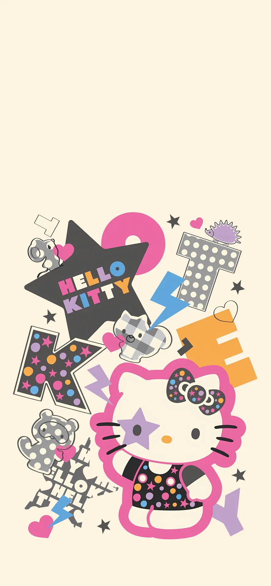 Cute Hello Kitty Pop Art Wallpaper with Colorful Stars and Retro Graphics