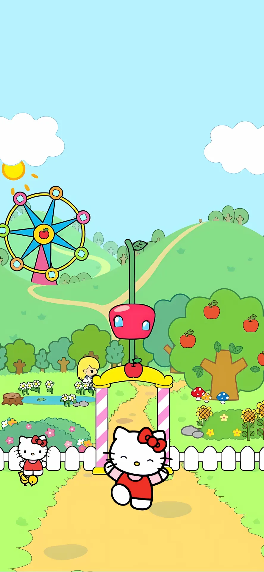 Hello Kitty Adventure Wallpaper with Apple Trees and Colorful Fantasy Garden