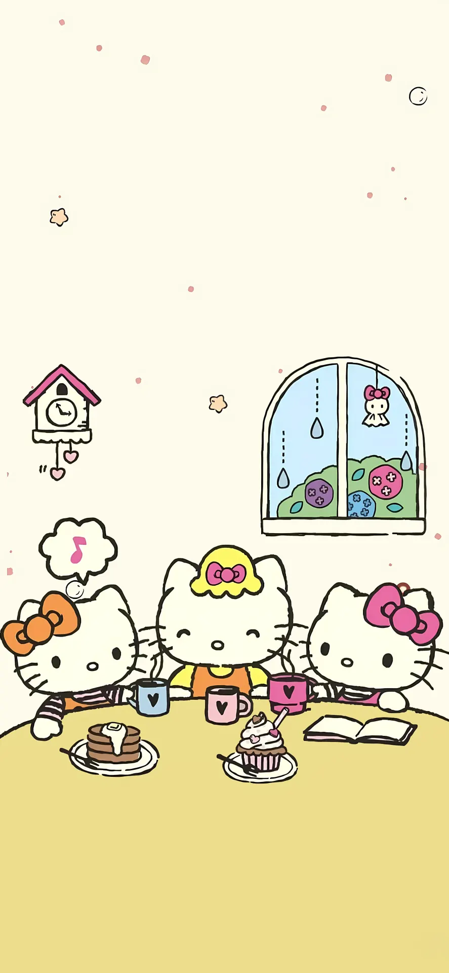 Cute Hello Kitty Friends Enjoying Tea and Desserts in Cozy Cafe Wallpaper