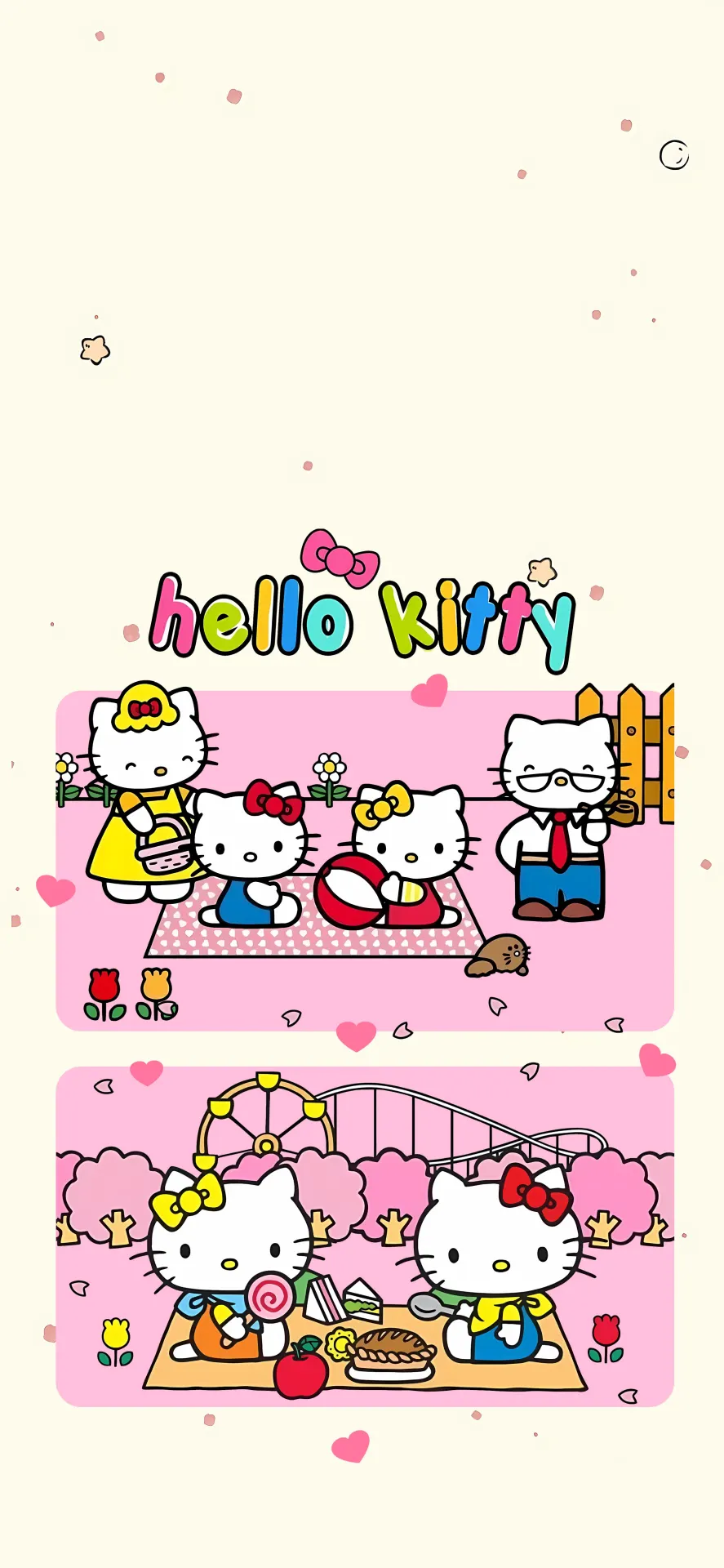 Cute Hello Kitty Family Picnic Wallpaper with Pink Park and Cherry Blossoms