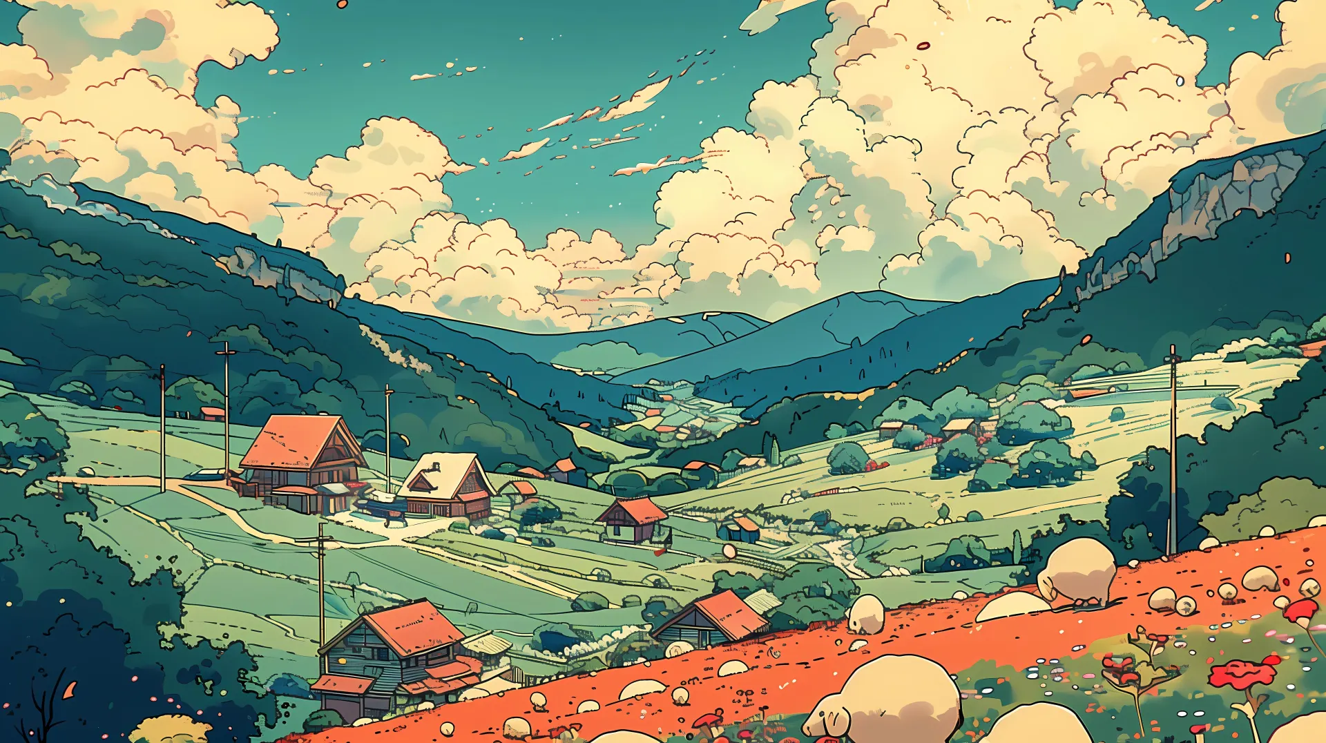 Anime Countryside Valley with Orange Rooftops Wallpaper