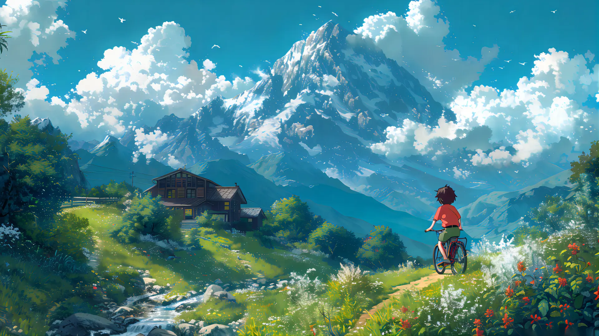 Anime Mountain Landscape Wallpaper – Scenic Cycling Adventure