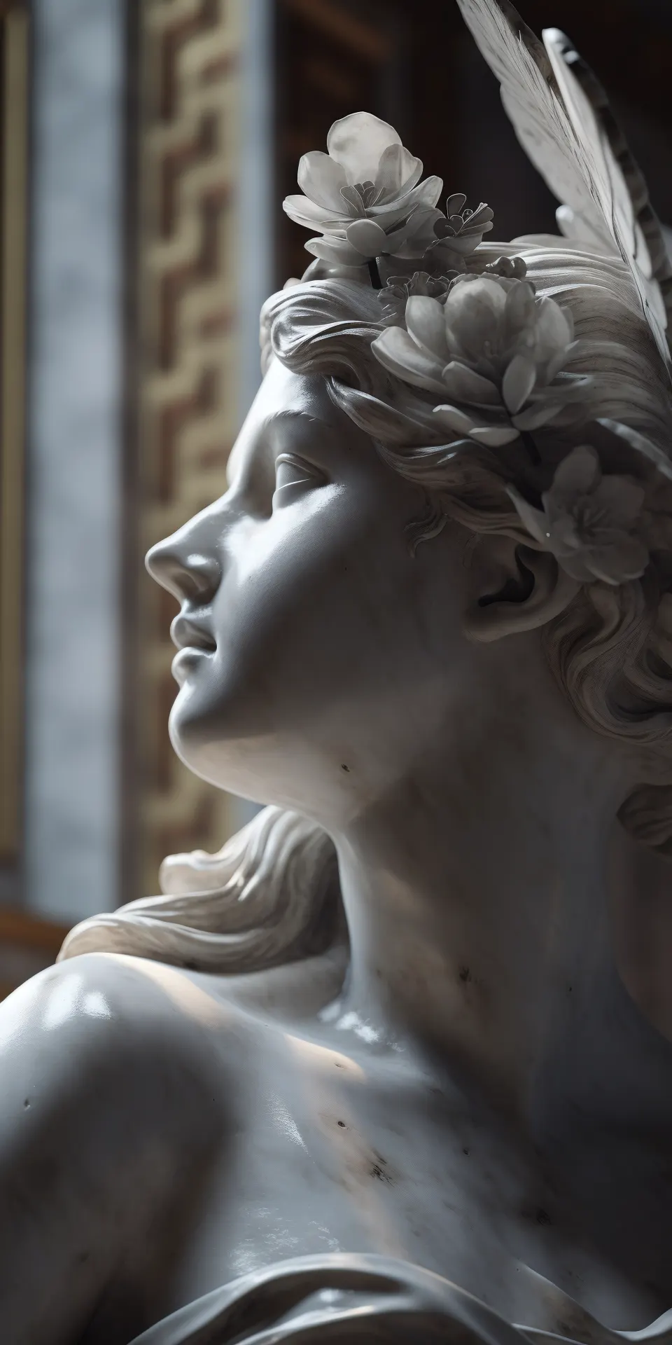 Angel Statue Wallpaper – Ethereal Marble Goddess with Floral Crown