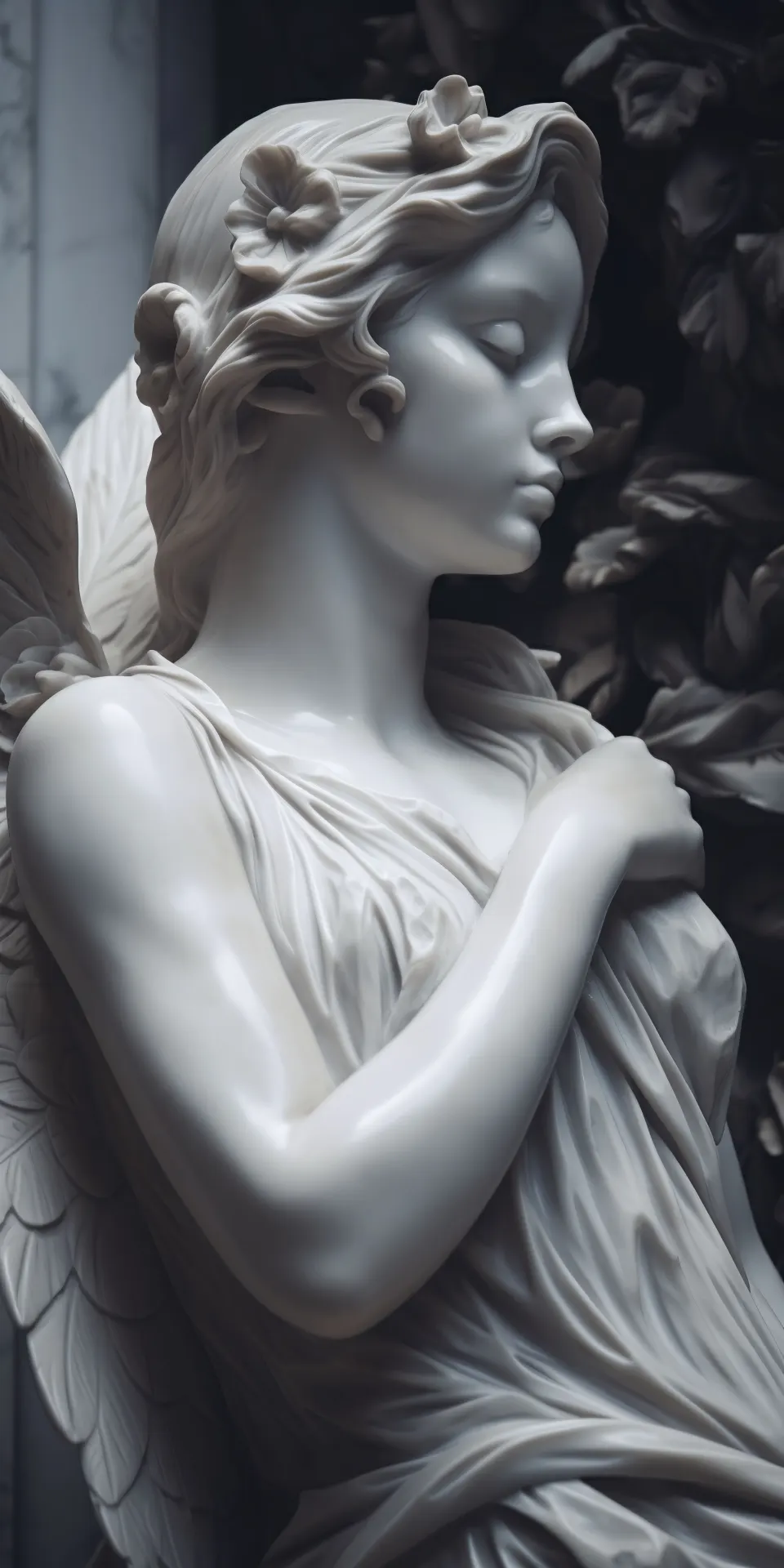 Angel Statue Wallpaper – Elegant Marble Angel with Feathered Wings