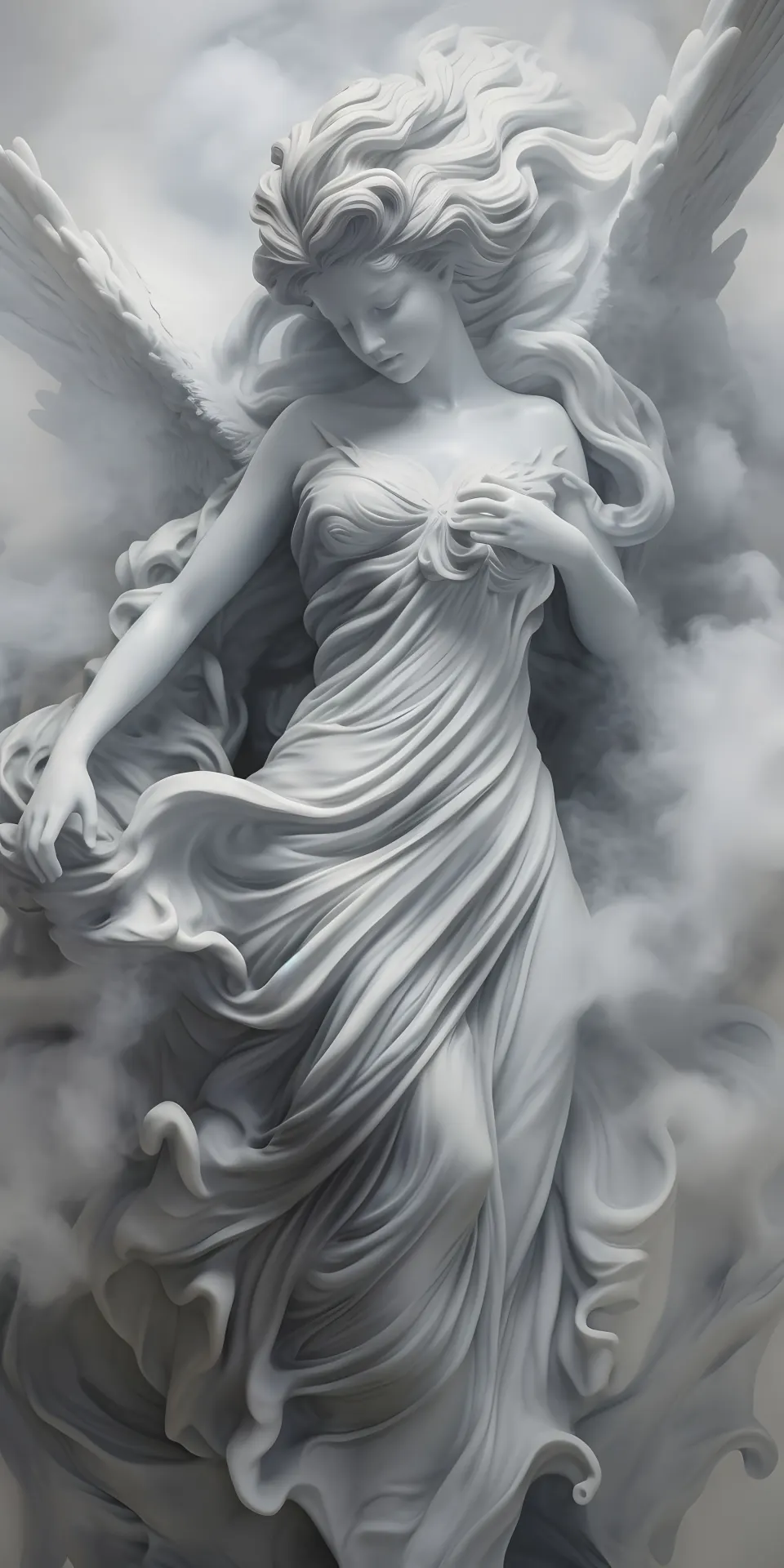Ethereal White Angel with Flowing Marble Wings Wallpaper