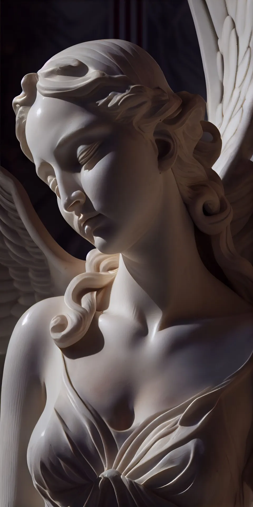Serene Marble Angel Portrait with Flowing Hair and White Wings