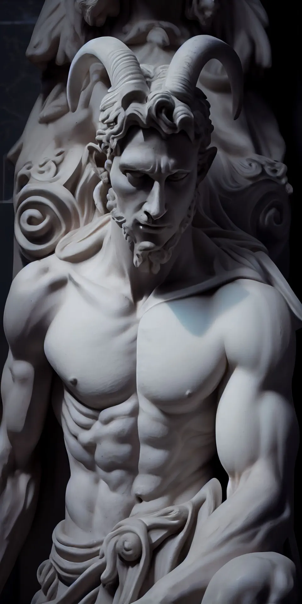 Majestic Marble Satyr Statue with Curved Horns and Sculpted Muscles