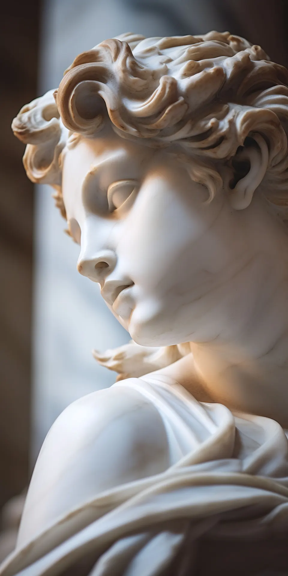 Elegant Classical Marble Statue Portrait with Curly Hair and Soft Lighting