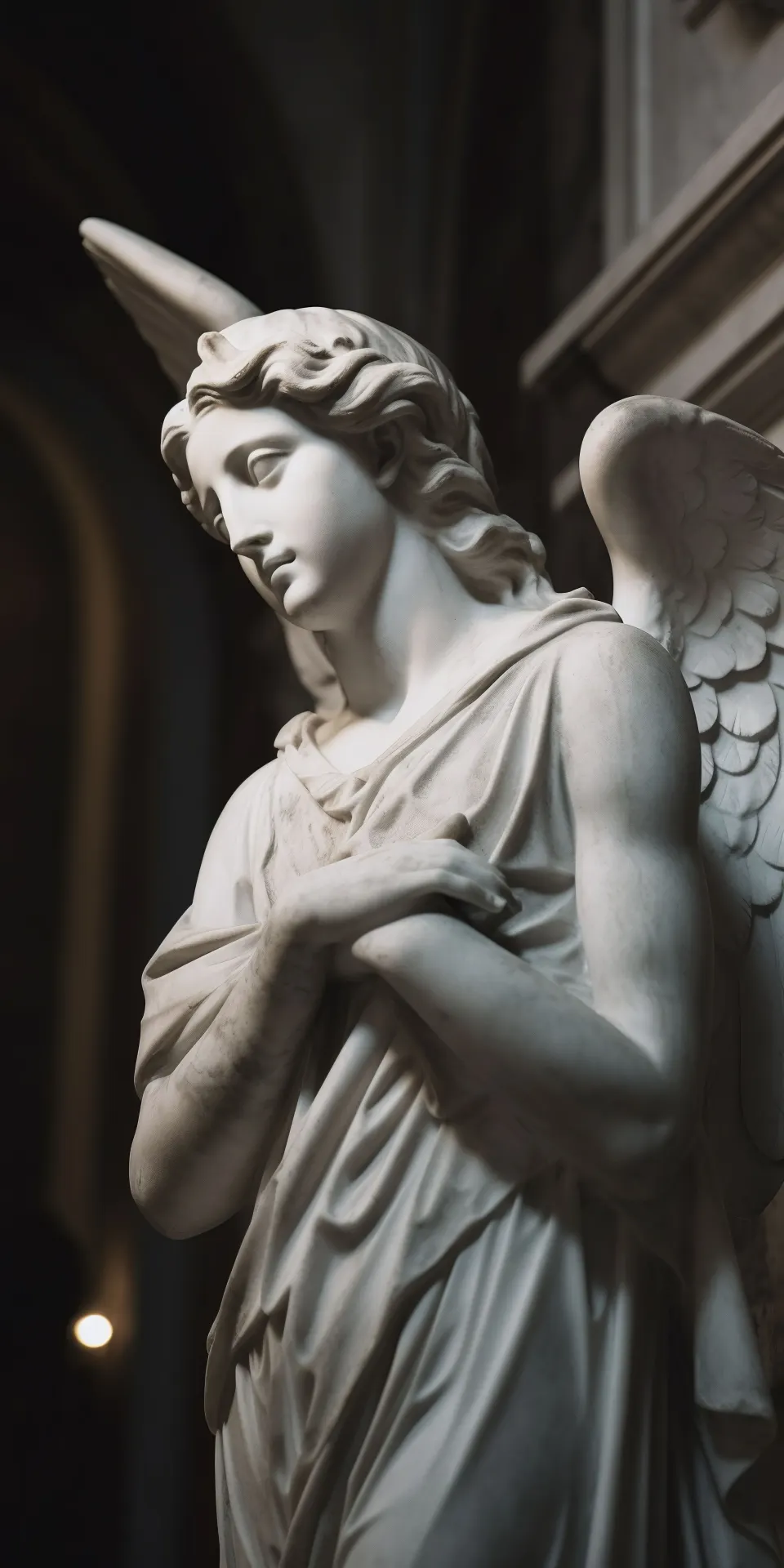 Serene Angel Statue with Folded Hands and Feathered Wings