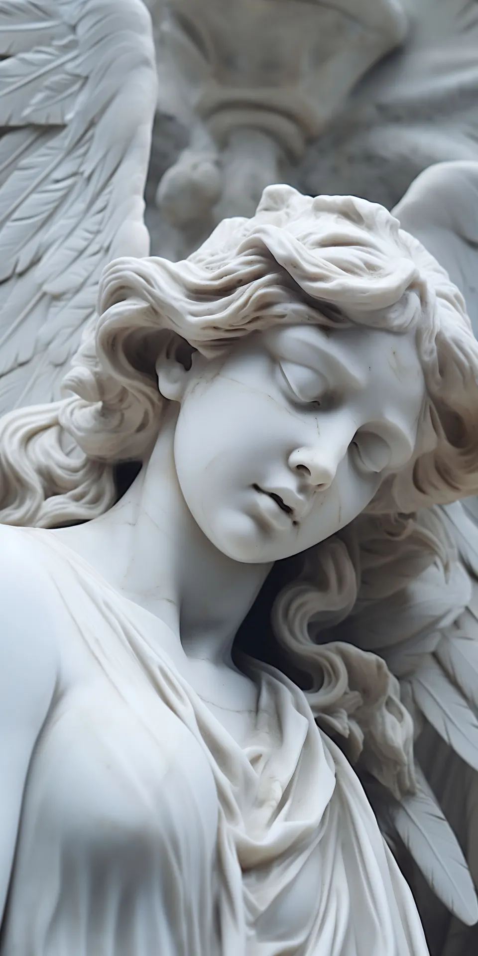 Peaceful Marble Angel with Closed Eyes and Feathered Wings