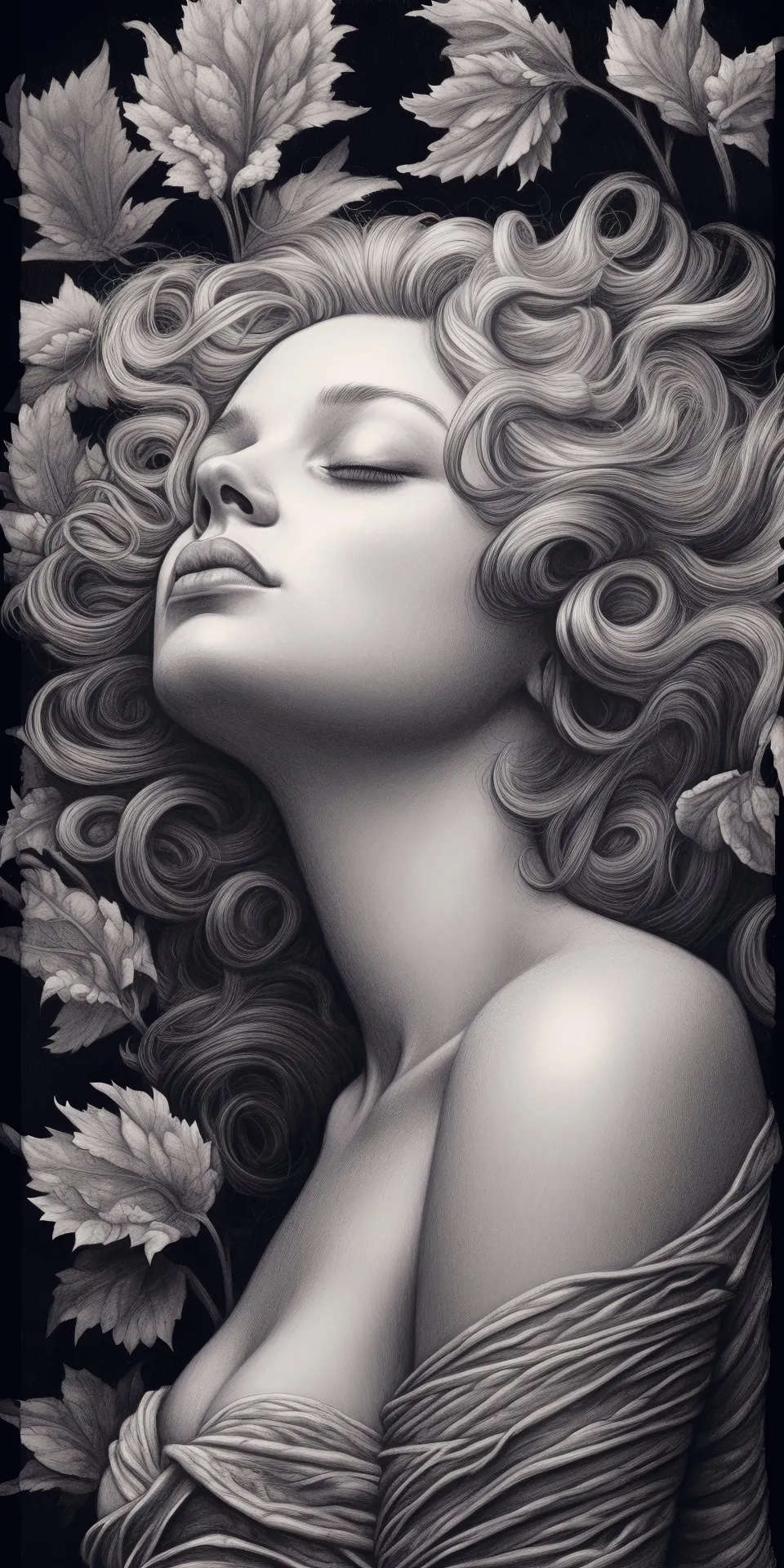 Ethereal Woman with Flowing Curls and Botanical Accents