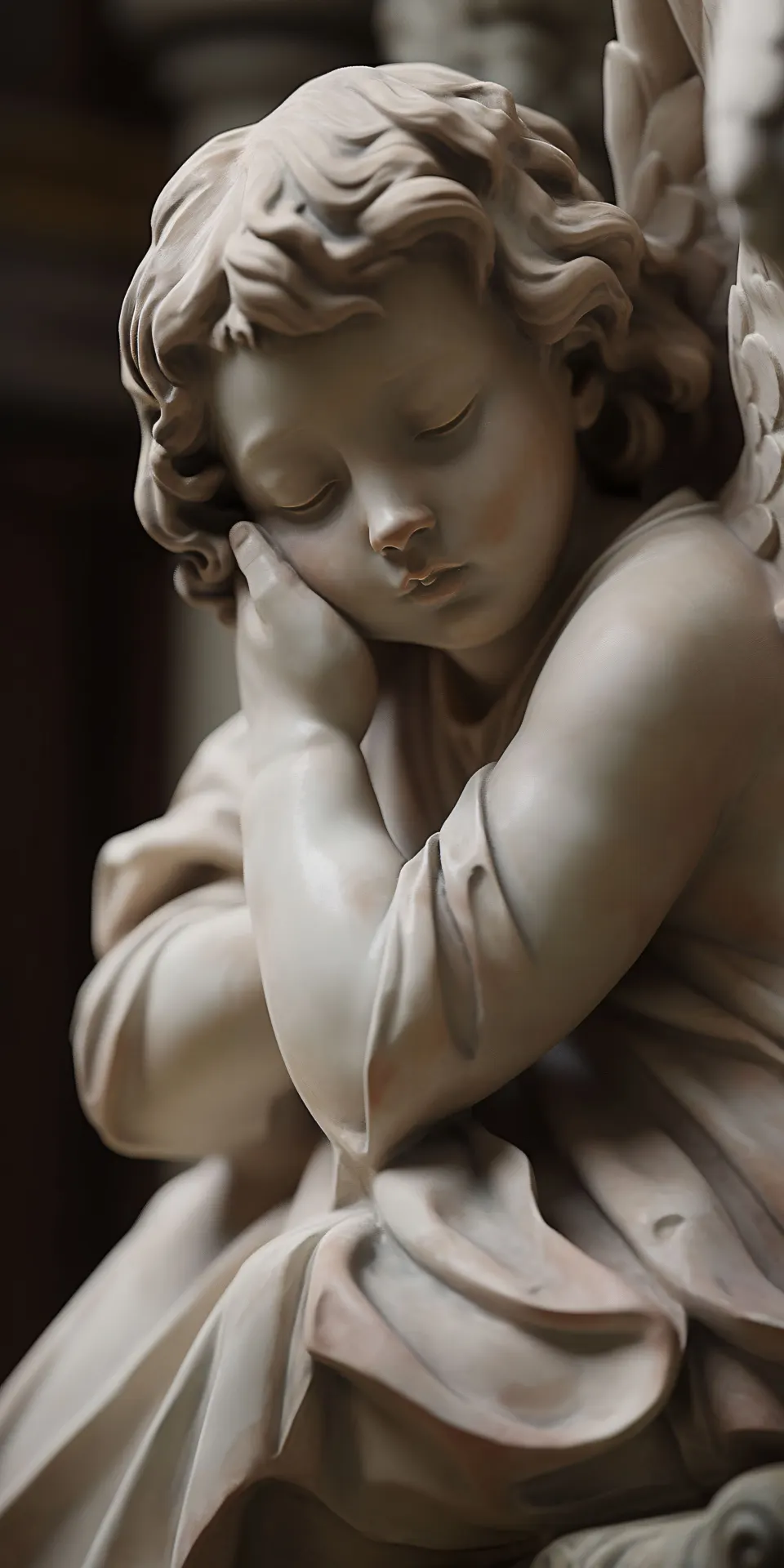 Peaceful Cherub Angel Statue with Head Resting on Hand