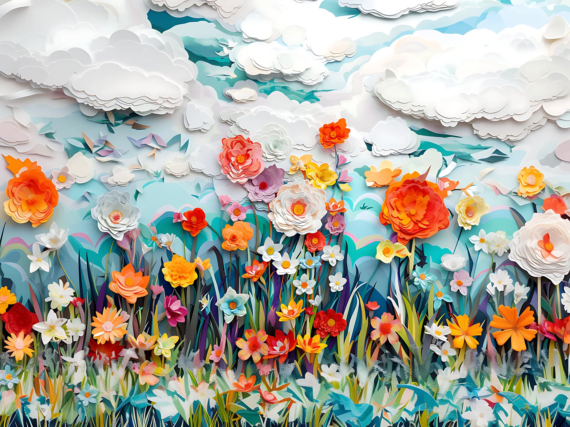 Colorful 3D Paper Flower Meadow Wallpaper
