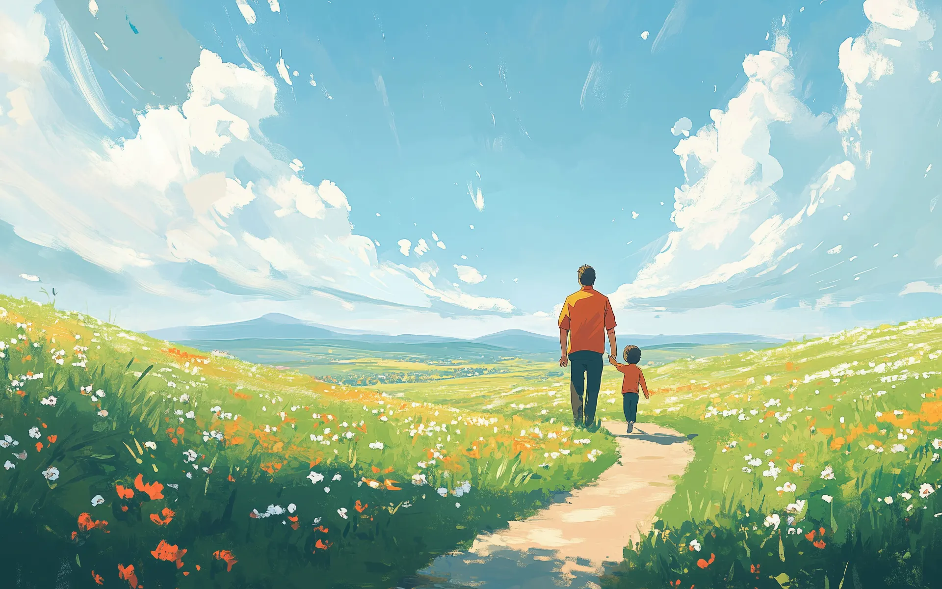 Father and Son Walking Through a Wildflower Meadow Wallpaper