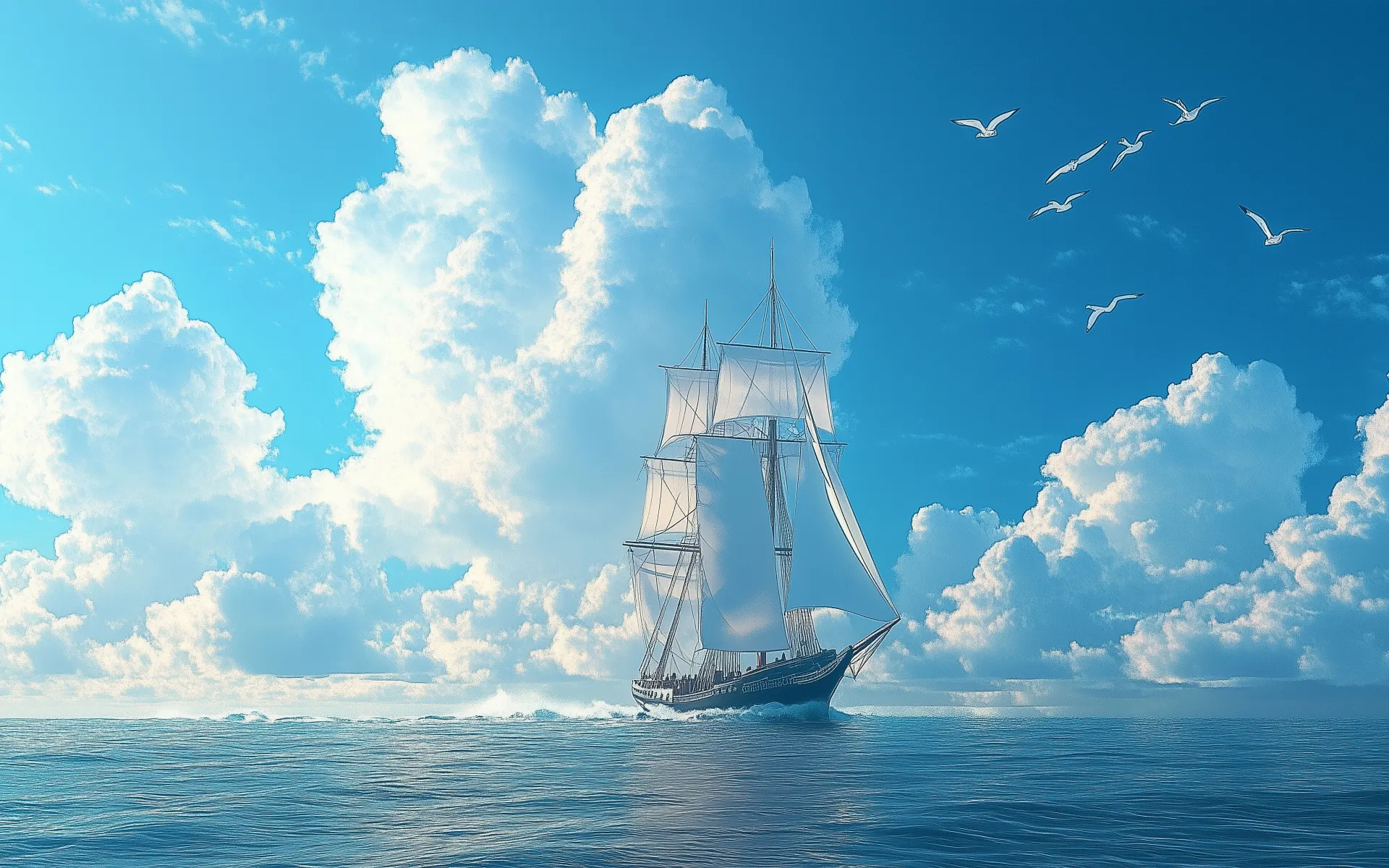Sailing Ship Beneath Majestic Clouds Wallpaper