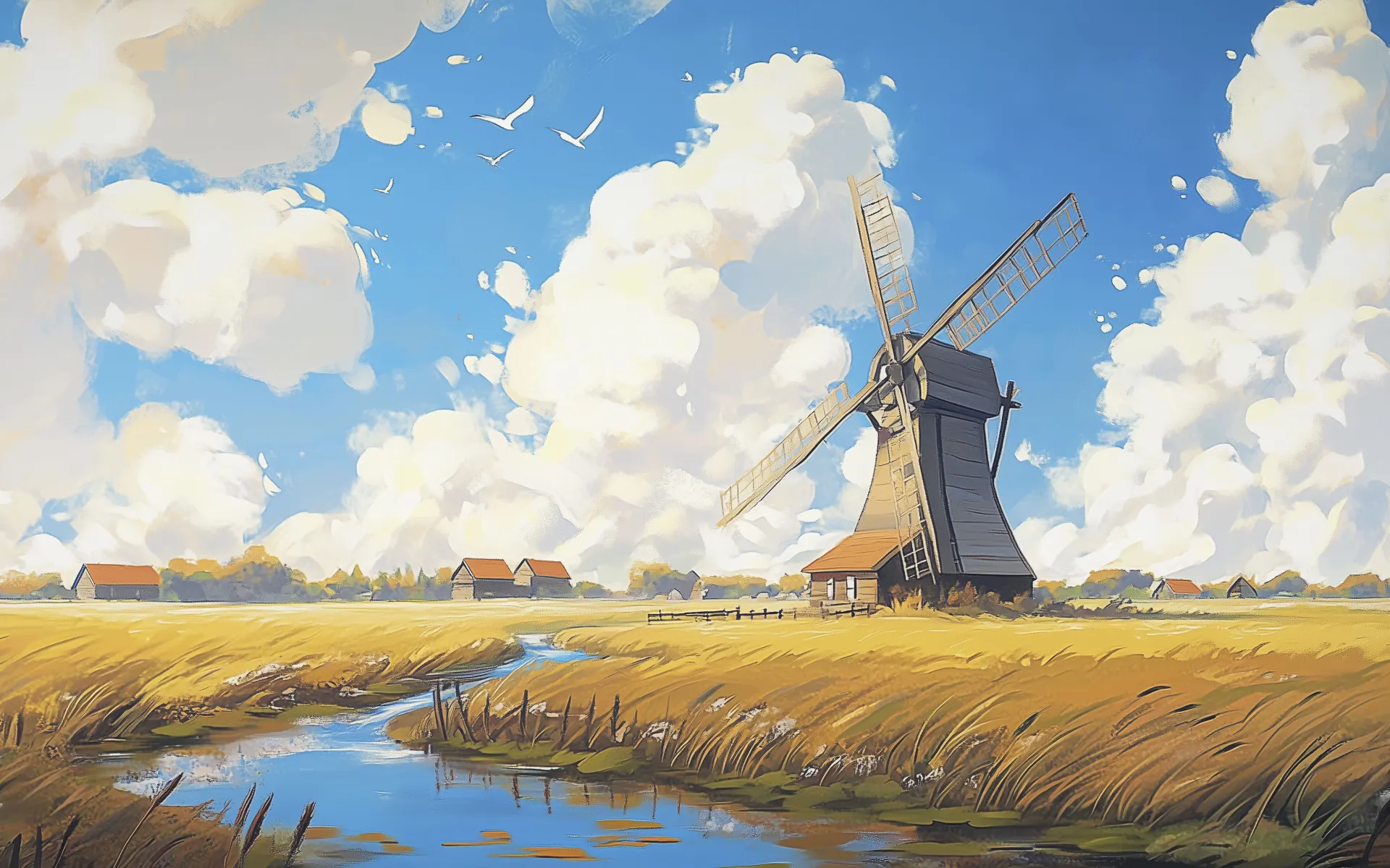 Countryside Windmill Beneath Majestic Clouds Wallpaper