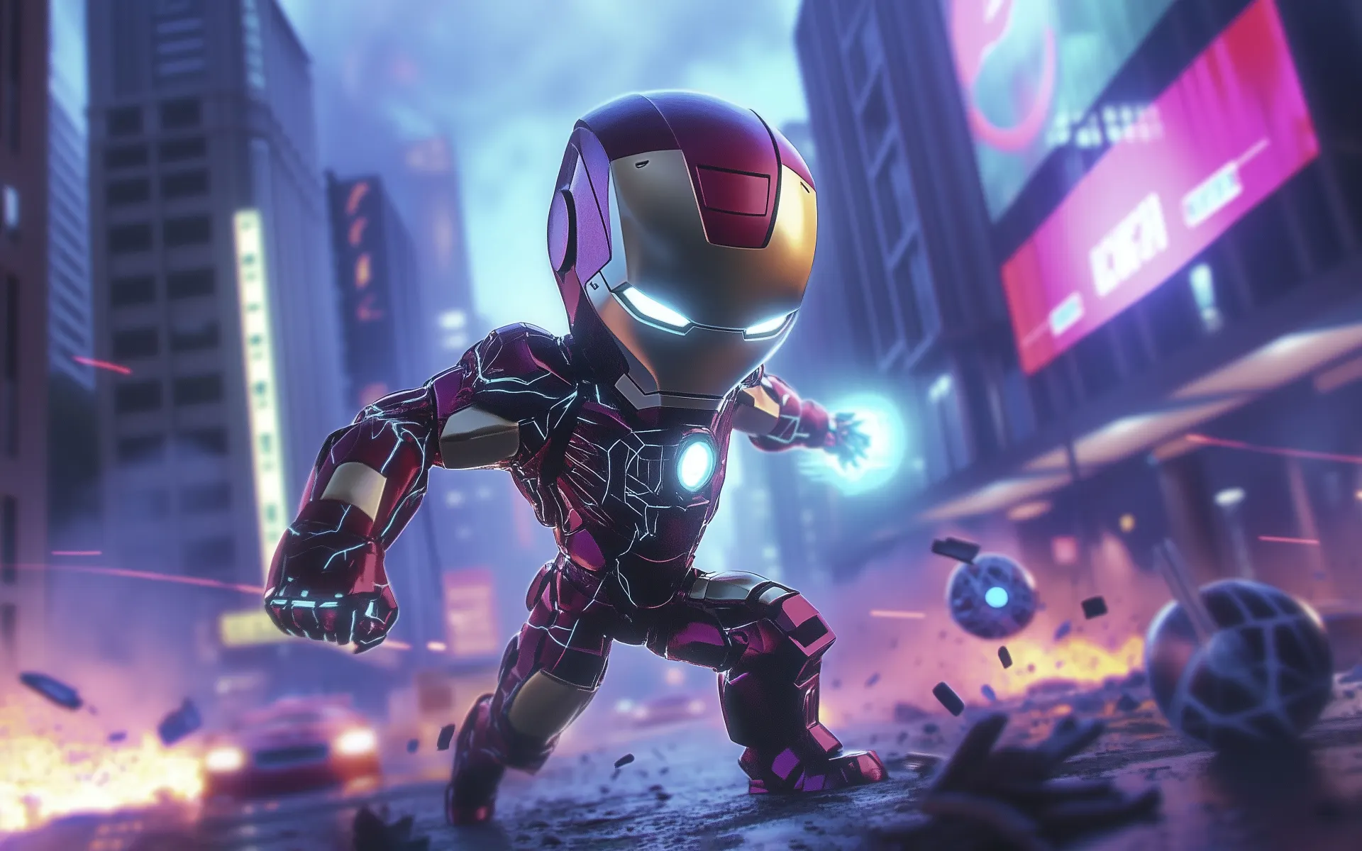 Chibi Iron Man Cyberpunk Battle Wallpaper