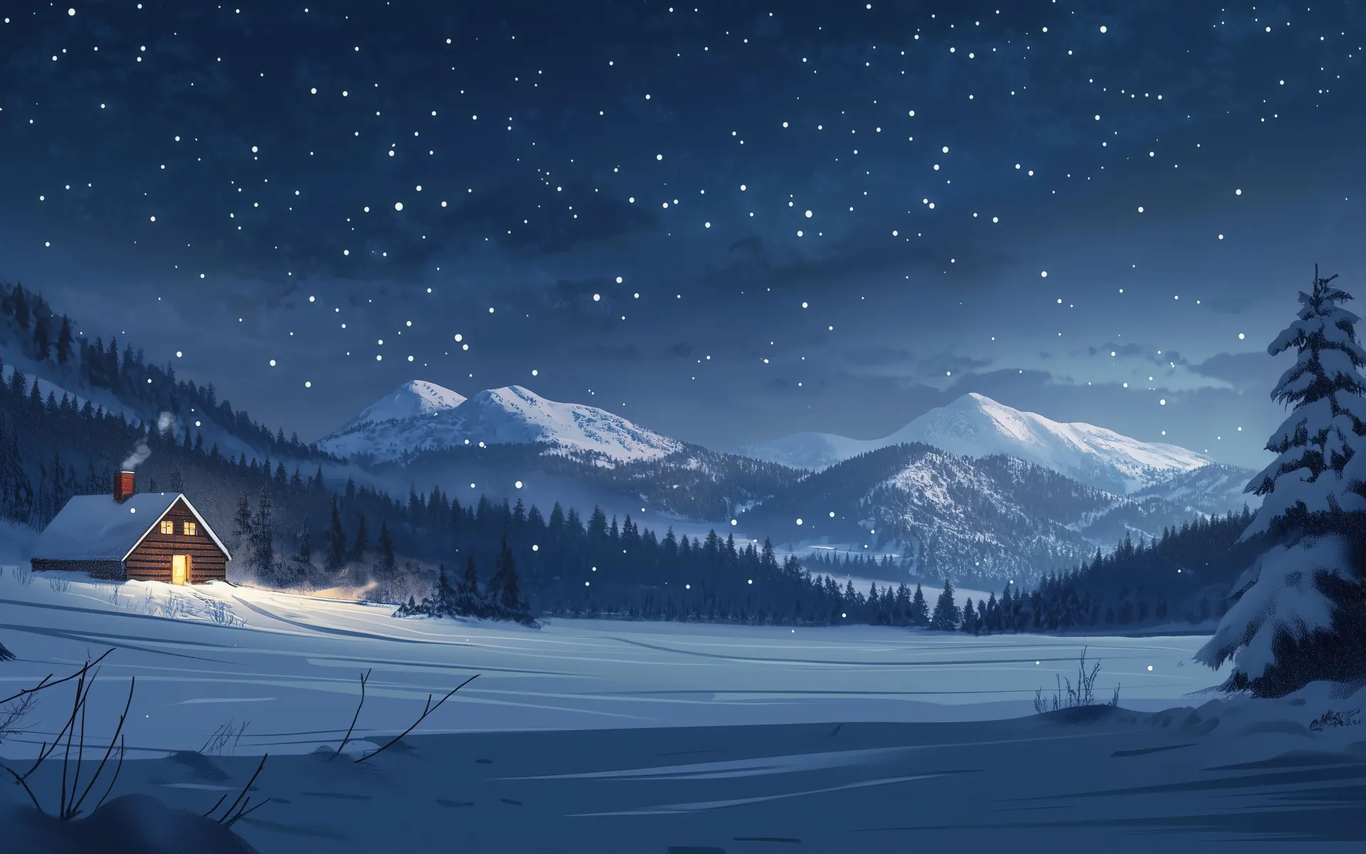 Cozy Mountain Cabin on a Snowy Night Wallpaper