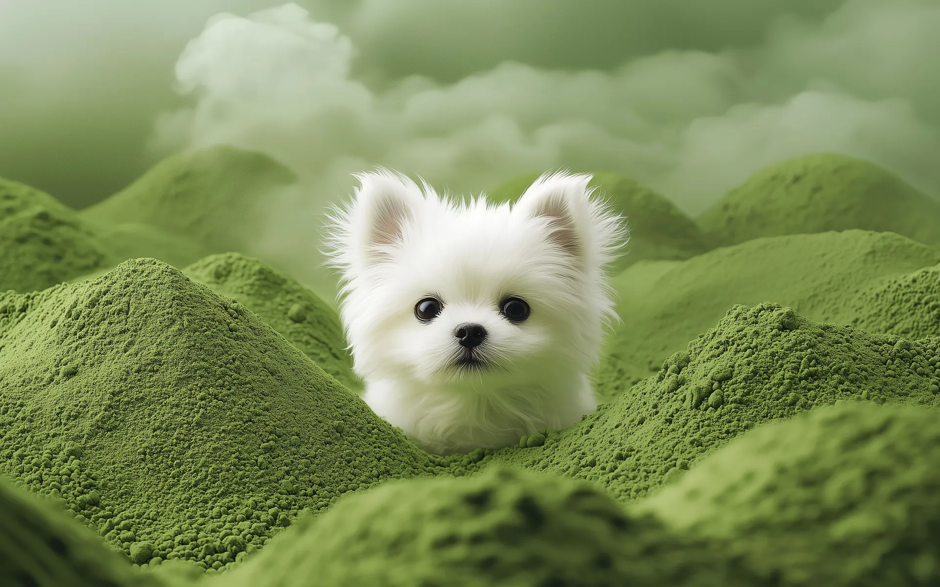 Cute White Puppy in Green Hills Wallpaper