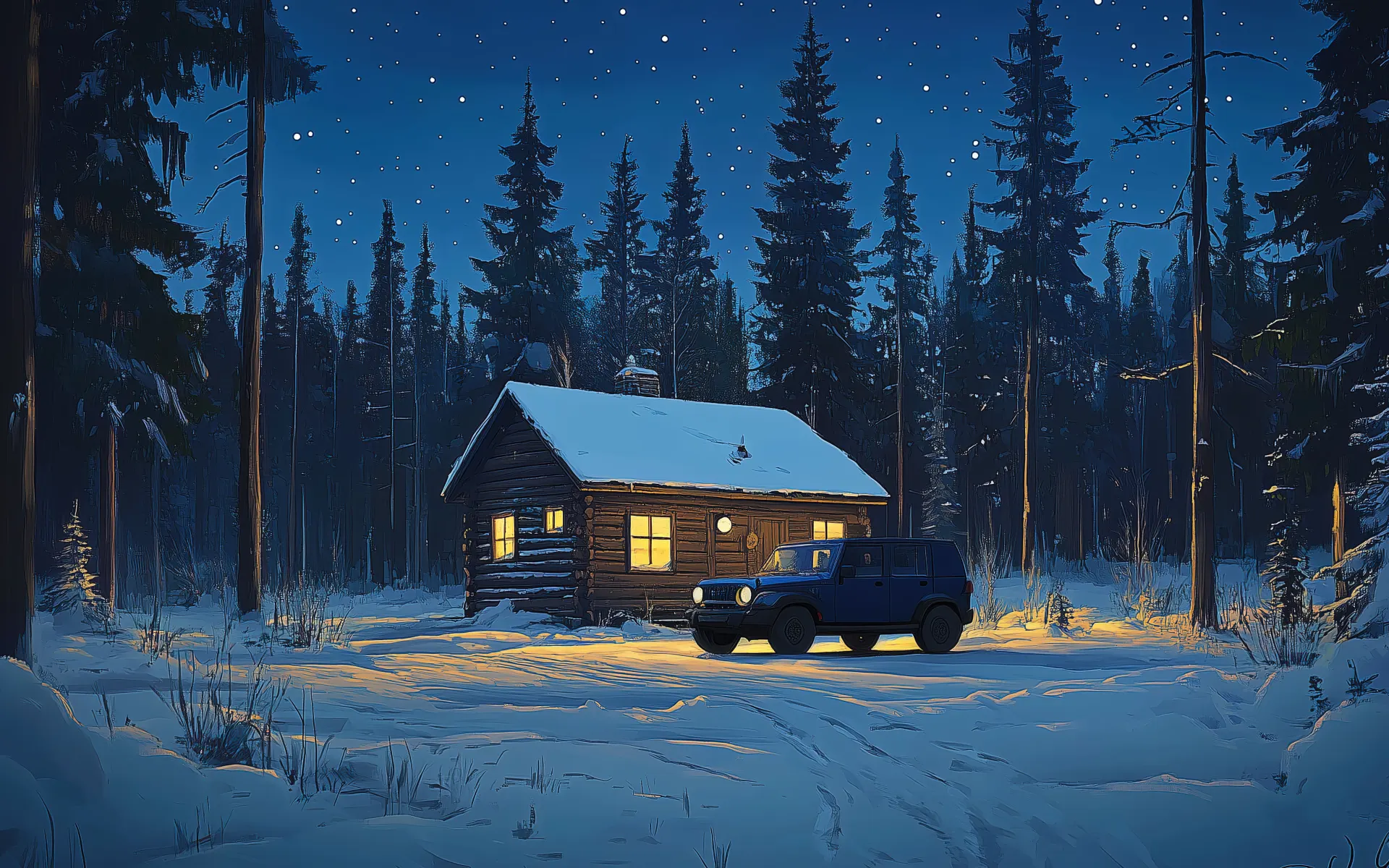 Jeep at Snowy Forest Cabin Wallpaper