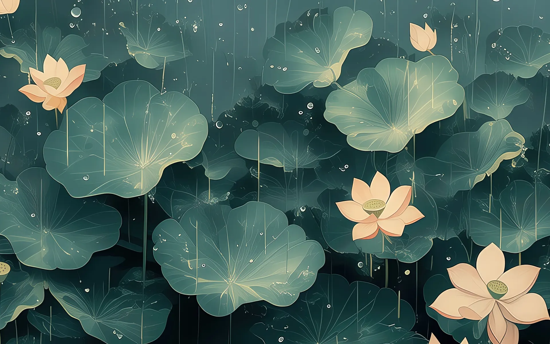 Elegant Lotus Flowers and Leaves Wallpaper