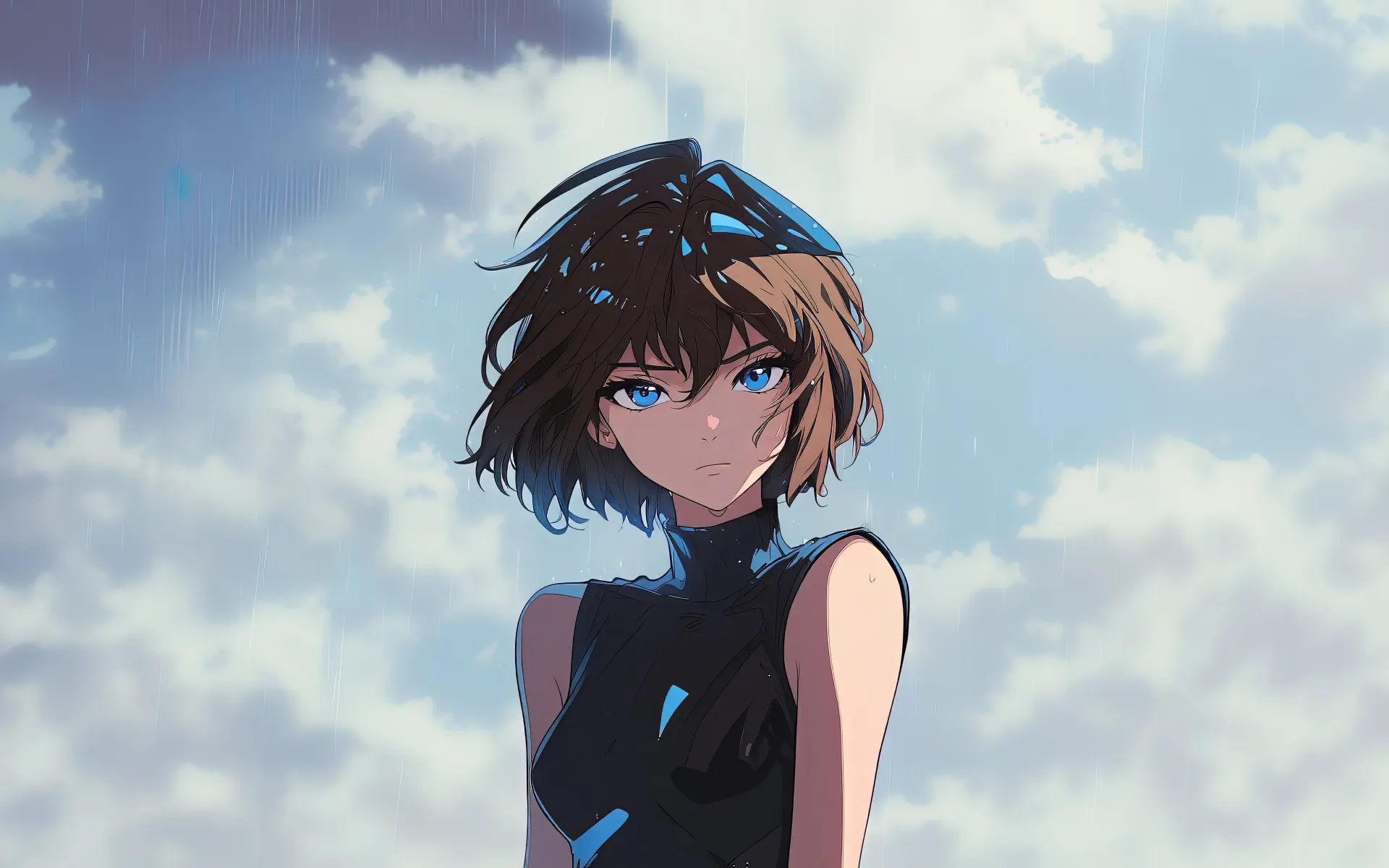 Blue-Eyed Anime Girl in the Rain Wallpaper