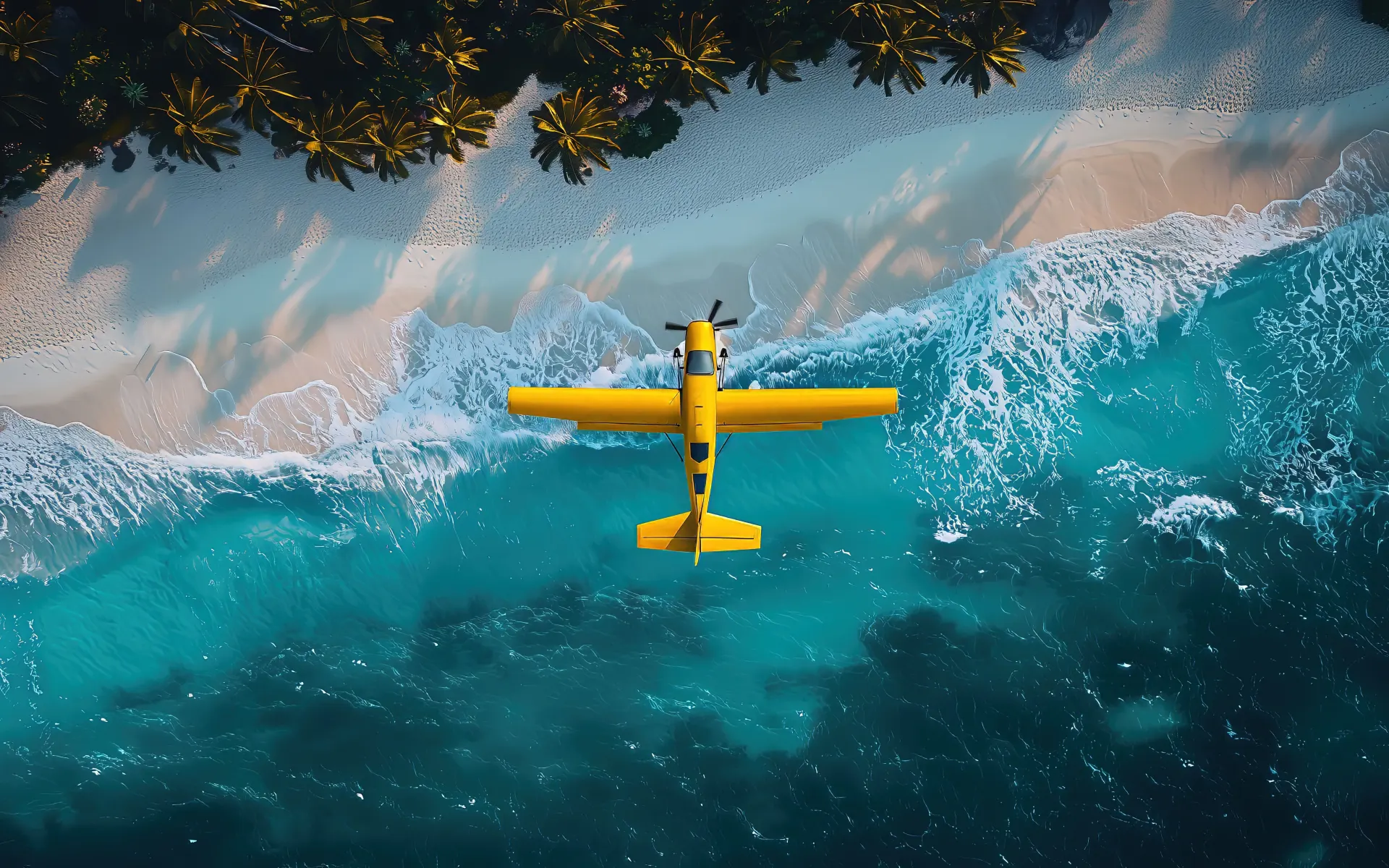 Yellow Airplane Flying Over Tropical Ocean Wallpaper
