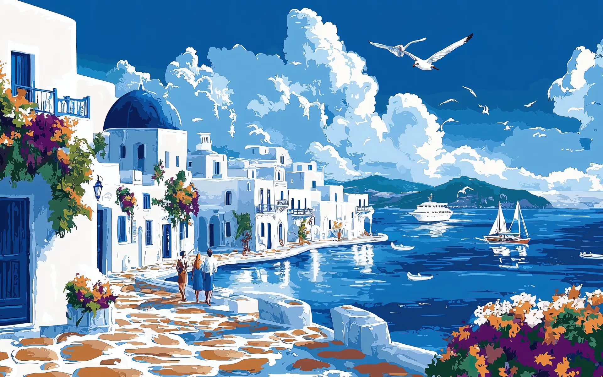 Greek Island Seaside Village Illustration Wallpaper