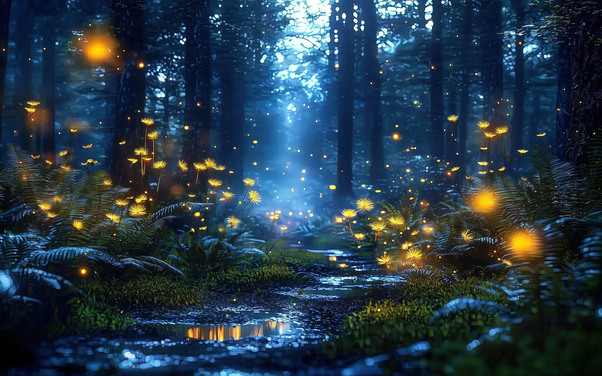 Enchanted Forest with Glowing Fireflies Wallpaper