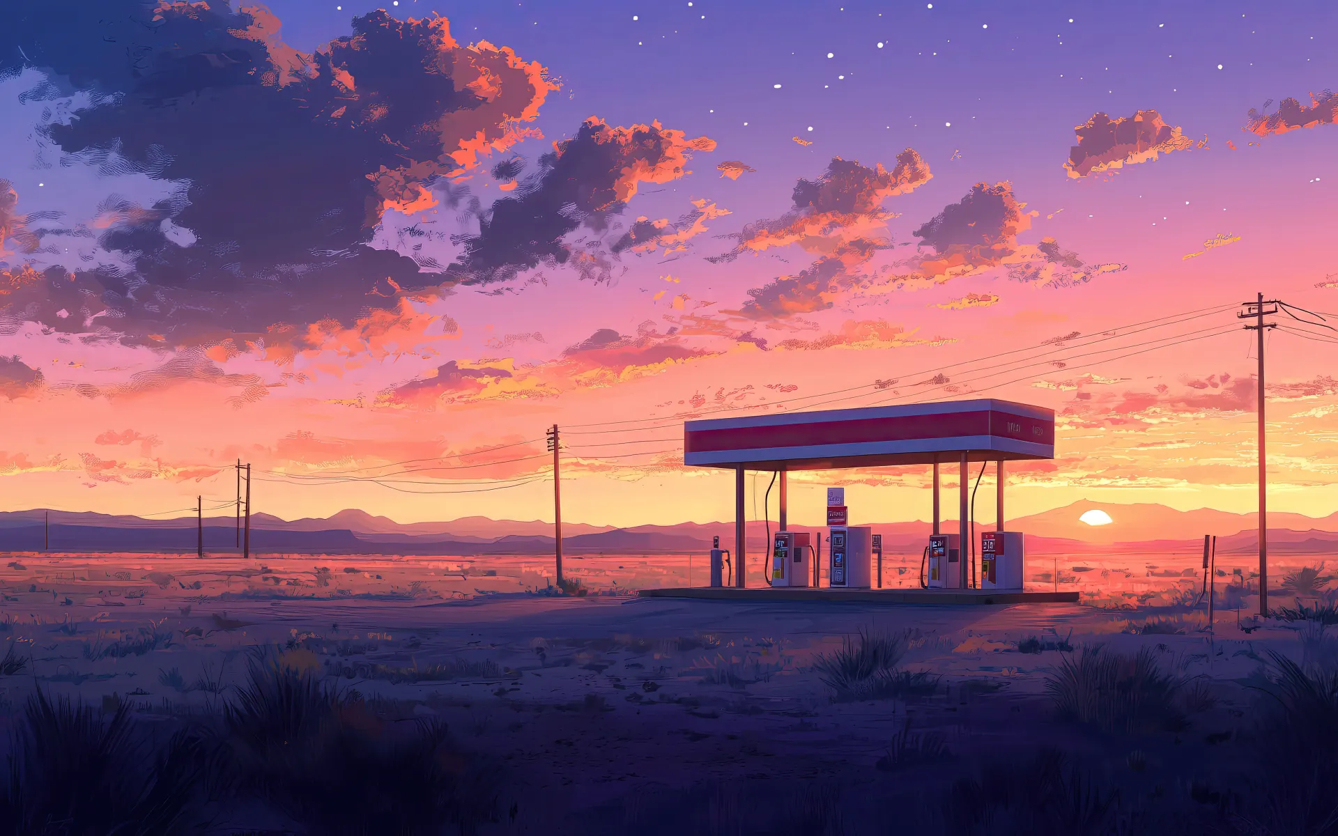 Desert Gas Station at Pink Sunset Wallpaper