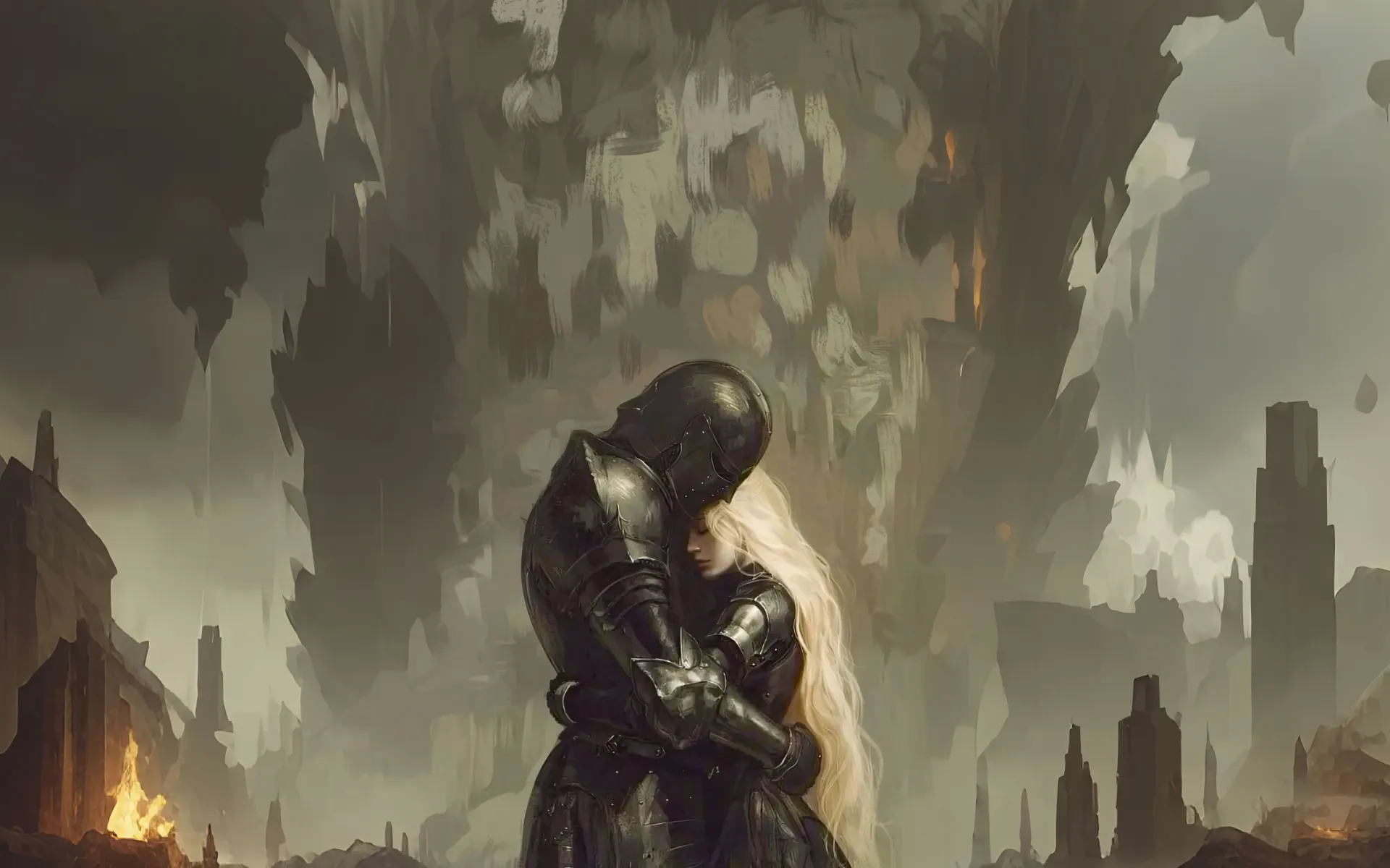 Dark Fantasy Knight Protecting a Princess Wallpaper