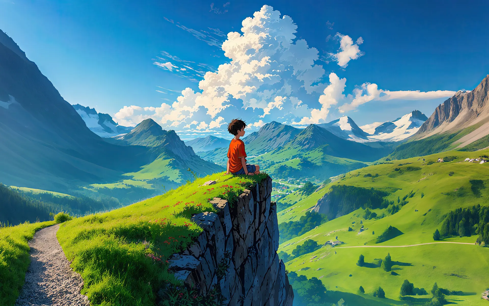 Anime Boy Overlooking a Green Mountain Valley Wallpaper