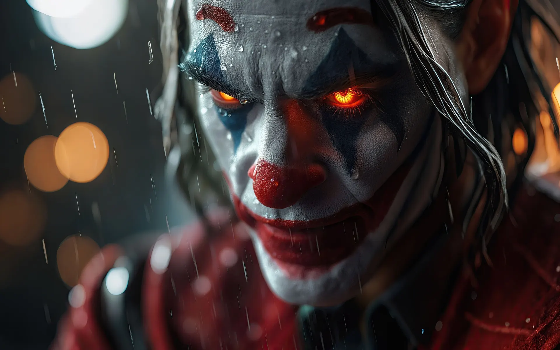 Sinister Joker with Glowing Eyes in the Rain Wallpaper
