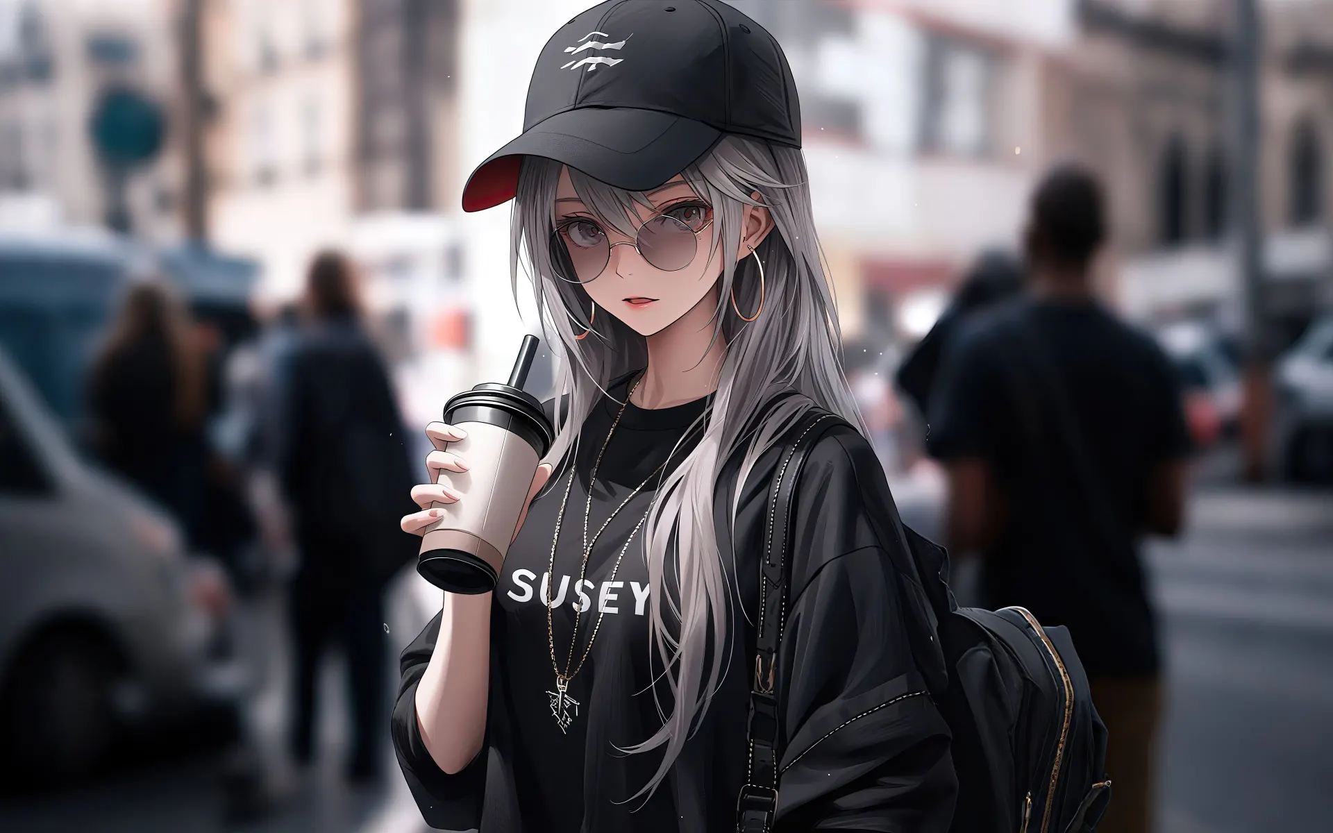 Stylish Silver-Haired Anime Girl in the City Wallpaper