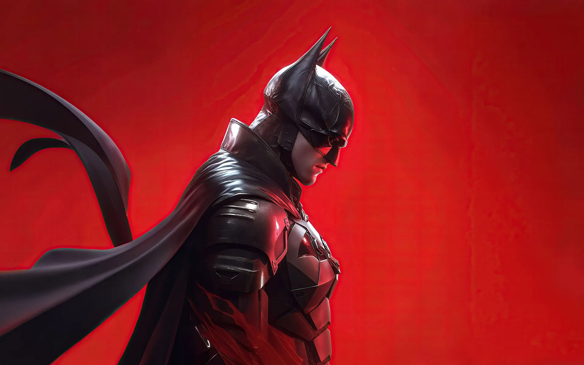 Batman in Black Armor on a Red Background Wallpaper