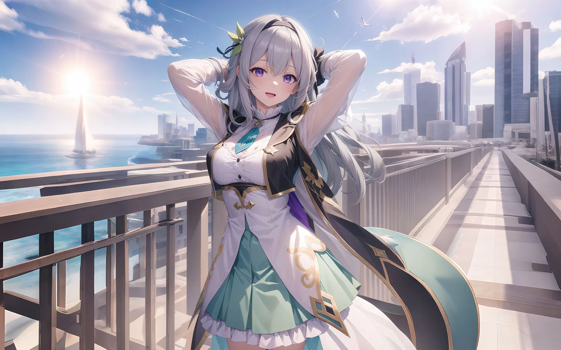 Firefly Overlooking a Futuristic Coastal City Wallpaper