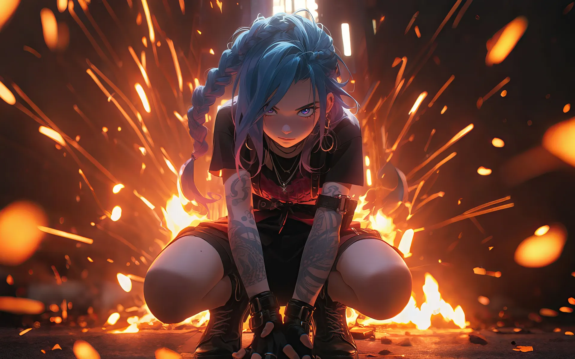 Jinx Surrounded by Fire and Flying Sparks Wallpaper