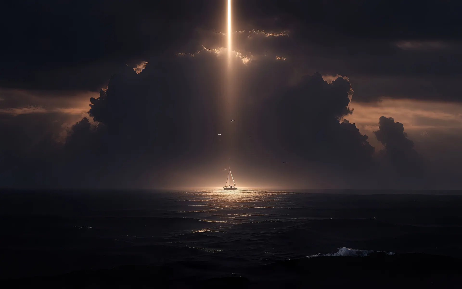 Sailboat Beneath a Heavenly Beam of Light Wallpaper