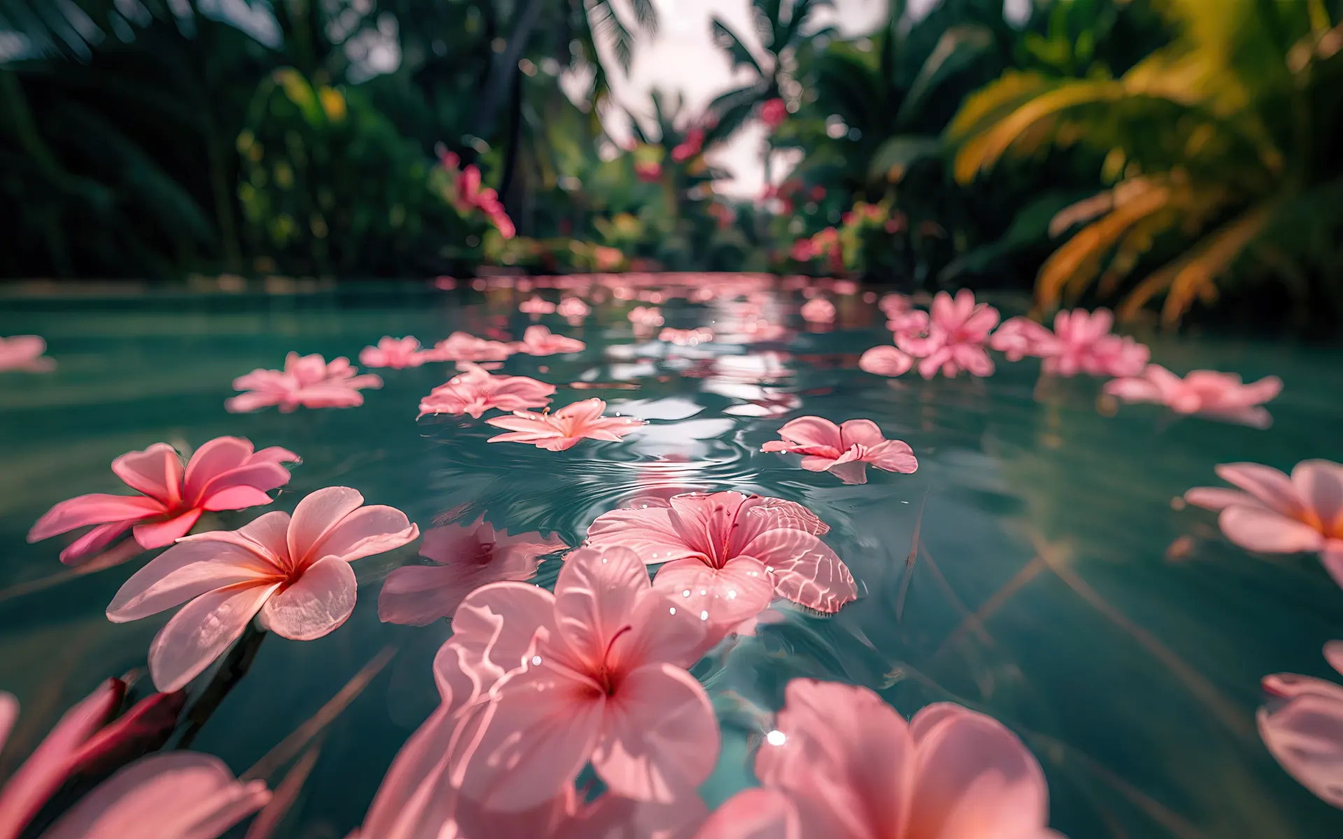 Pink Plumeria Flowers Floating on Tropical Water Wallpaper