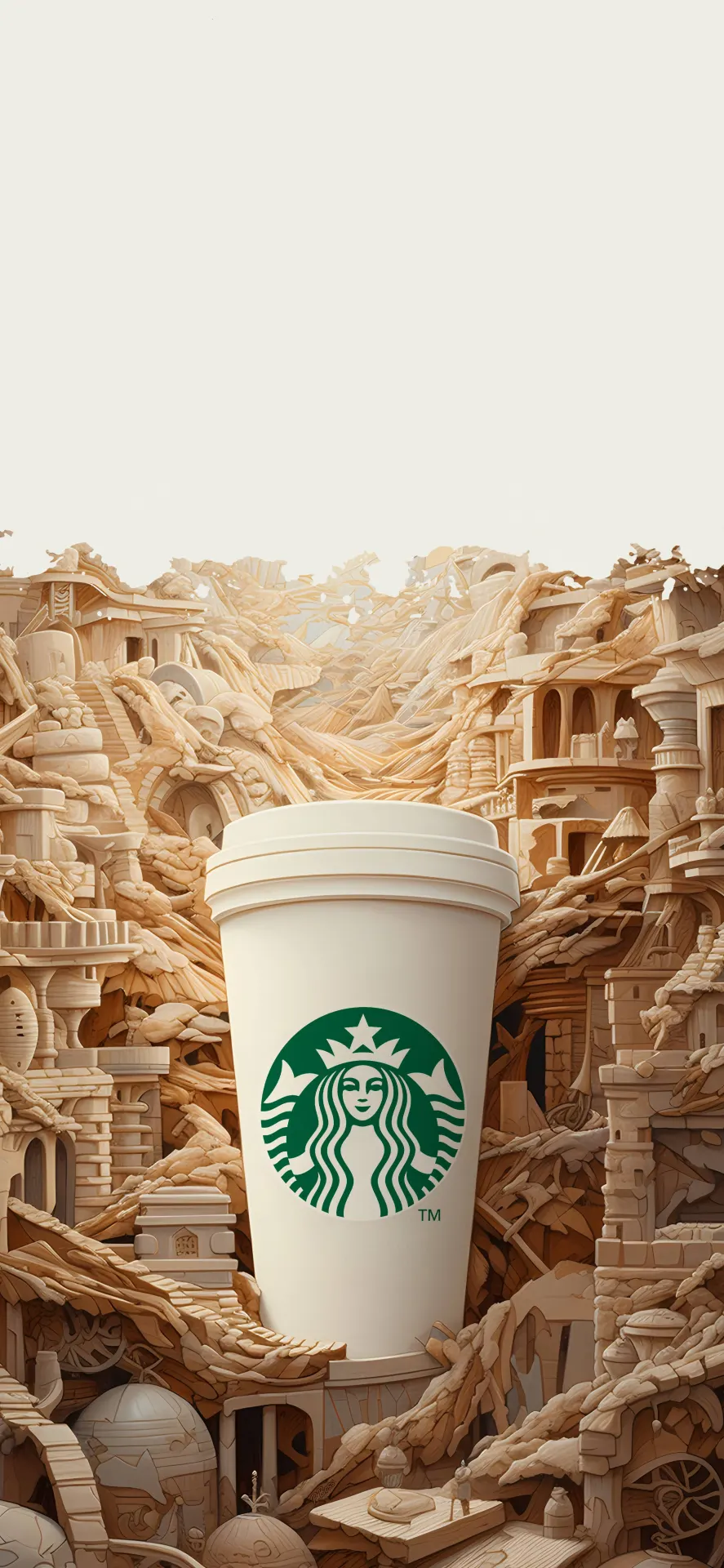 Giant Starbucks Cup in a Carved Wooden City Wallpaper