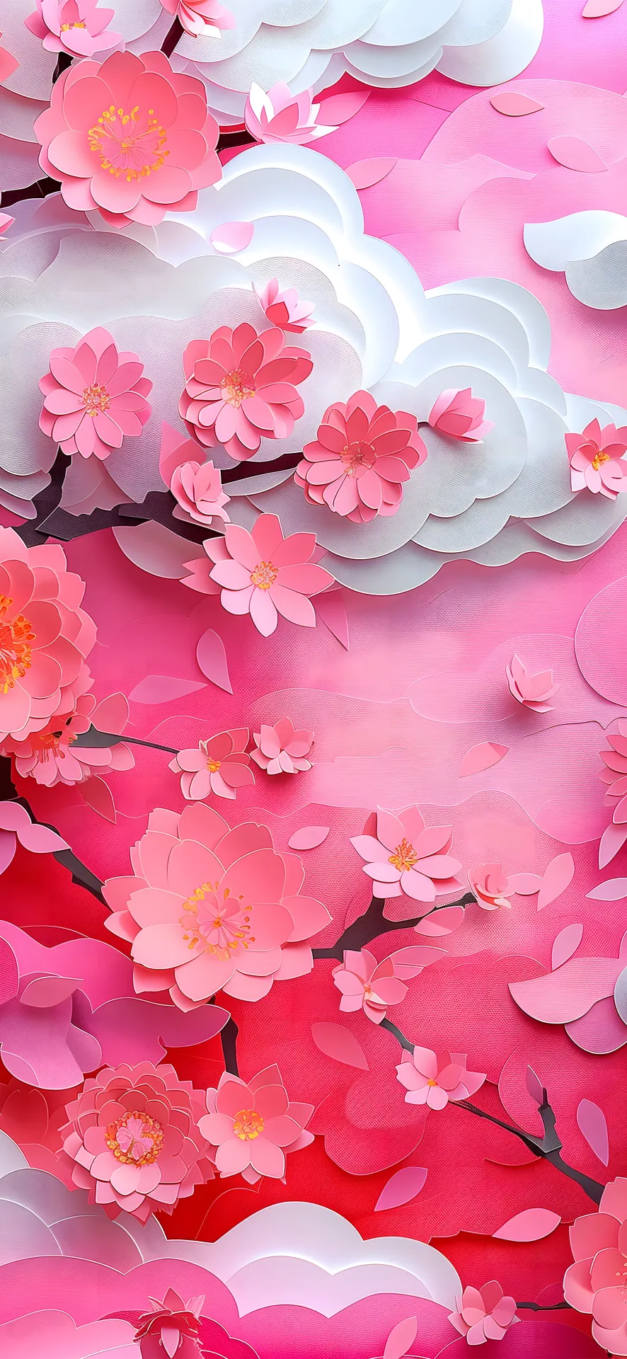 Pink Cherry Blossoms and Clouds Paper Art Wallpaper