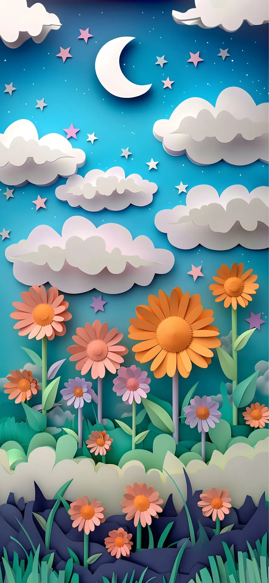 Moonlit Flower Garden Paper Art Wallpaper