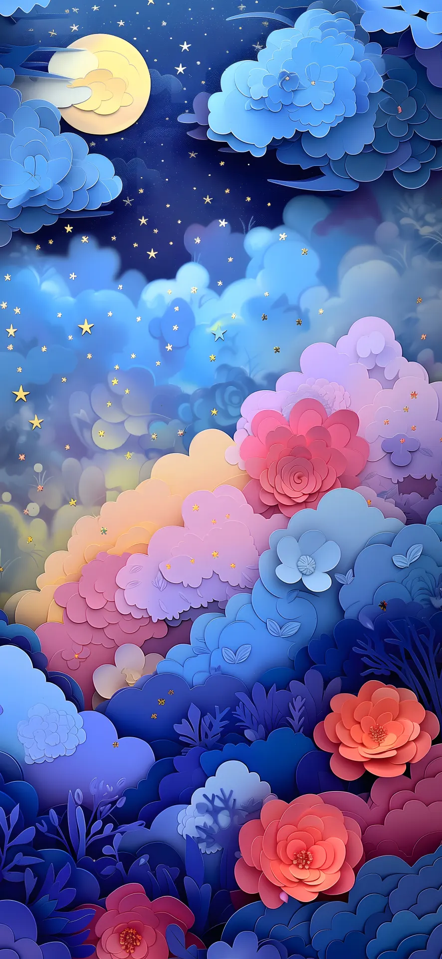 Moonlit Blue and Pink Flower Garden Paper Art Wallpaper