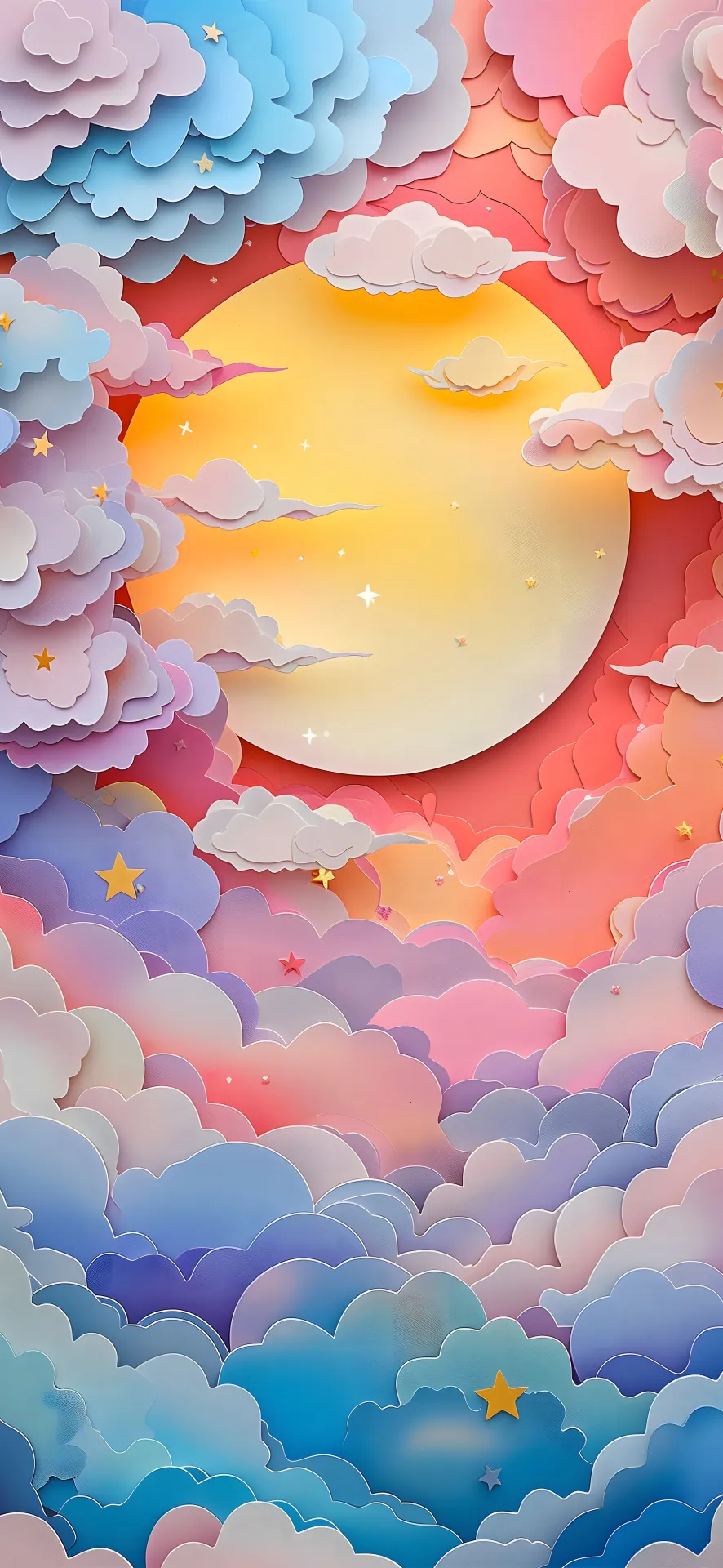 Golden Moon Among Pastel Clouds Paper Art Wallpaper